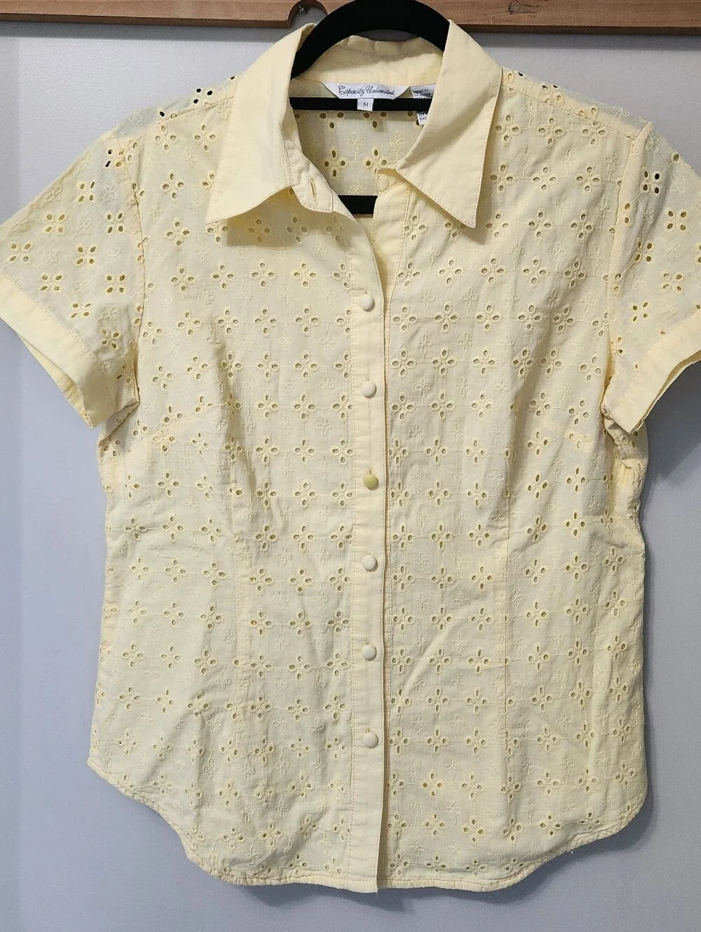 Yellow Eyelet 100% Cotton Short Sleeve Button Up Shirt Lined Floral Embroidered